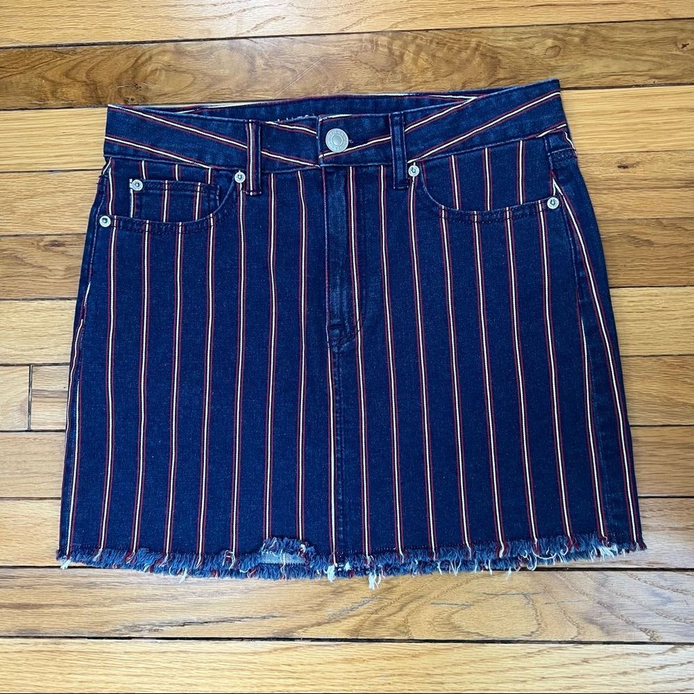 American Eagle Blue Super Stretch Red & White Striped Hi rise mini jean skirt